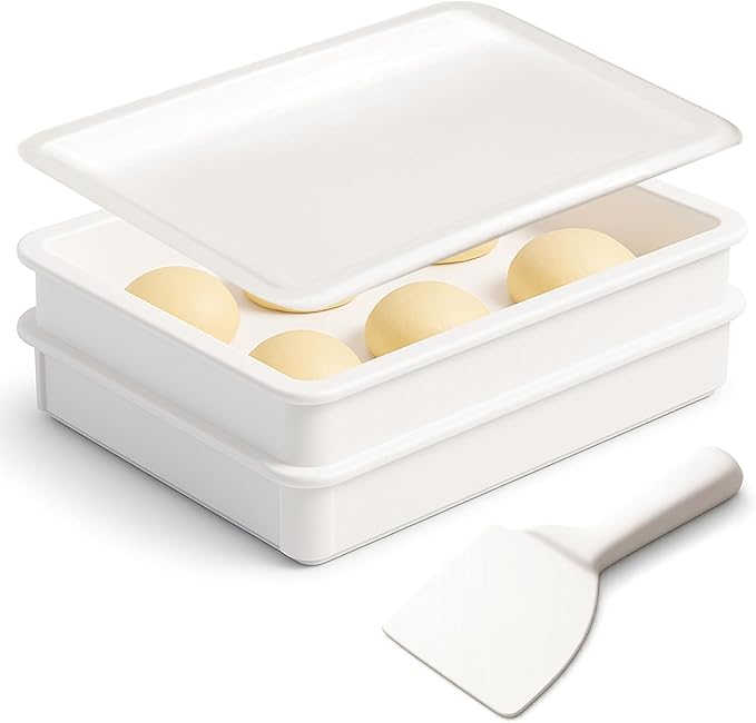DoughMate® Artisan Kit – 2 Pizza Dough Proofing Trays, 1 Lid, and Dough Scraper – Food Contact Certified, Stackable, Made in USA