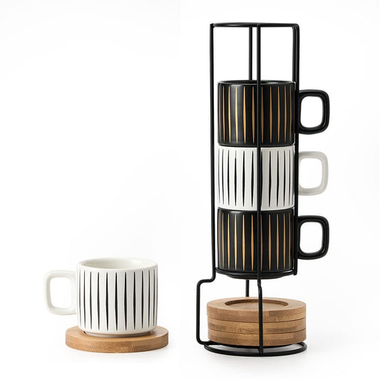 LUKA Porcelain Espresso Cup with Saucer and Metal Stand, 4 Ounce Stackable Ceramic Demitasse