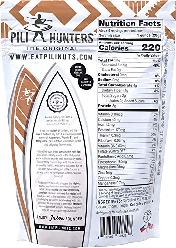 Pili Hunters - Wild Sprouted Pili Nuts, Raw Cacao (4 oz Bag) Vegan Snack for Low Carb Energy, Gluten Free, Superfood, As Seen on Shark Tank