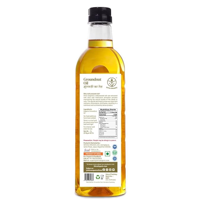 Shiva Organic Cold-Pressed Groundnut Oil - 100% Natural, Certified Organic - 1L (33.8 fl oz) for Cooking, Frying, and Healthy Living