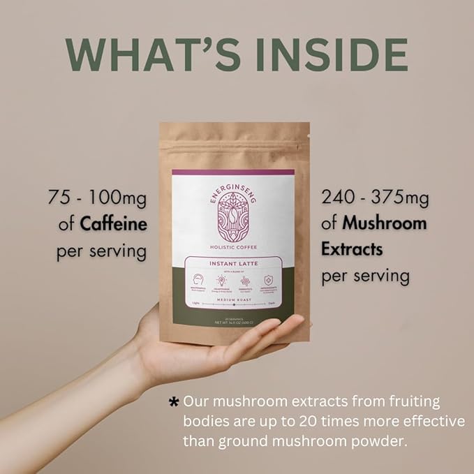 Energinseng Mushroom Coffee - Instant Latté - Robusta and Arabica coffee beans with Adaptogens, Nootropics, Prebiotics, Antioxidants - 14.11 OZ (400 G)