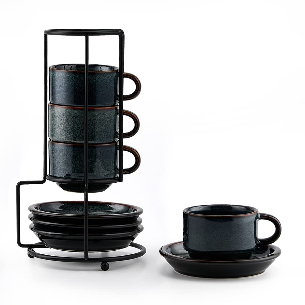 JIEMEI HOME Porcelain Stackable Espresso Cups with Saucers and Metal Stand, 4 Ounce Demitasse Cups