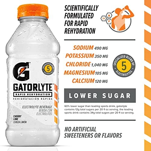 Gatorlyte Rapid Rehydration Electrolyte Drink, Cherry Lime, Specialized Blend of 5 Electrolytes, Lower Sugar, No Artificial Sweeteners, No Artificial Flavors, 20 fl oz Bottles (12 Pack)