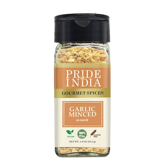 Pride of India ??Garlic Minced ??Gourmet Seasoning ??Ideal for Dips/Sauces/Bread/Salad/Stir-Fries ??Ideal Pantry Condiments ??Easy to Use ??1.9 oz. Small Dual Sifter Bottle