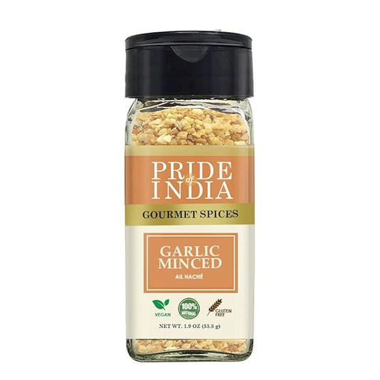 Pride of India ??Garlic Minced ??Gourmet Seasoning ??Ideal for Dips/Sauces/Bread/Salad/Stir-Fries ??Ideal Pantry Condiments ??Easy to Use ??1.9 oz. Small Dual Sifter Bottle
