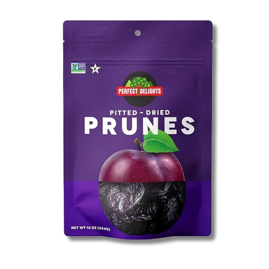 Perfect Delights Prunes, Vegan, Sun-Dried Pitted Prunes, Healthy Fruit Snack for Kids and Adults - Single Pack (16 oz)