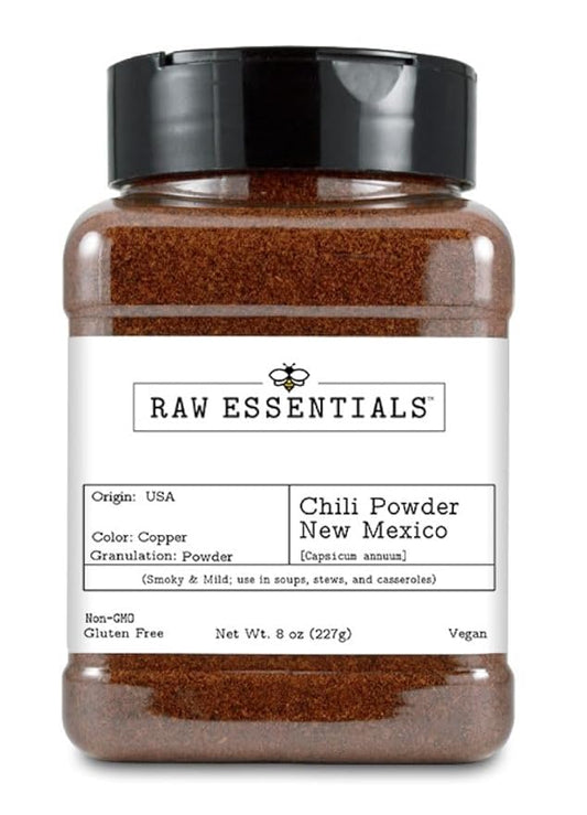 Raw Essentials Red Chili Powder New Mexico - Smoky & Mild Flavor - Perfect for Soups, Stews, & Casseroles - Non-GMO, Gluten Free and Vegan - 8 Ounce Bottle