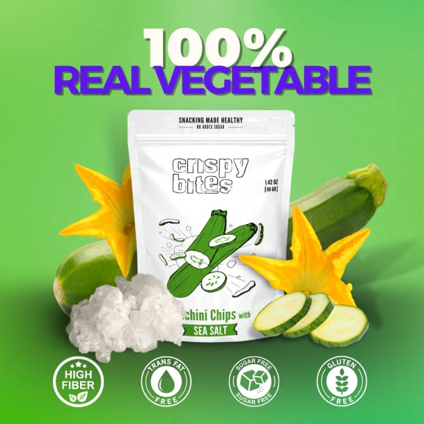 Baked Zucchini Chips, Oven Baked No Oil Added, Vegetable Crisps, No Sugar Added Gluten Free Healthy Snack, Vegan, Veggie Snack Pack, Salad Topper, Sea Salt, 1.42oz Sealable Bags, Pack of 5