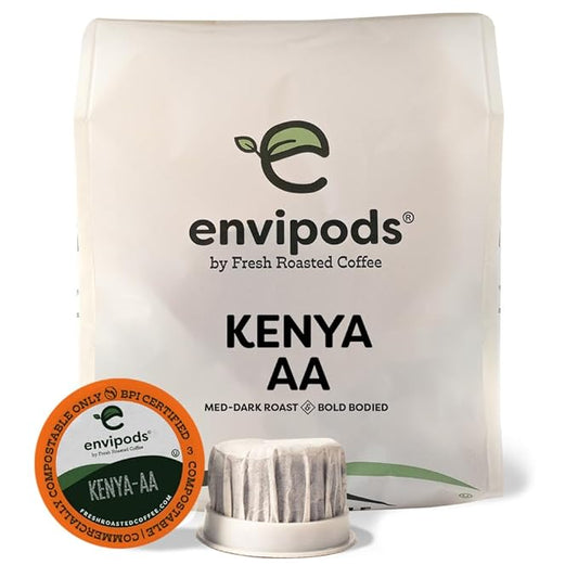 Fresh Roasted Coffee, Kenya-AA Compostable envipods, Medium-Dark Roast, Kosher, 12 Count,for Keurig K Cup Brewers | Not for use in Ninja or Hamilton Beach Brewers