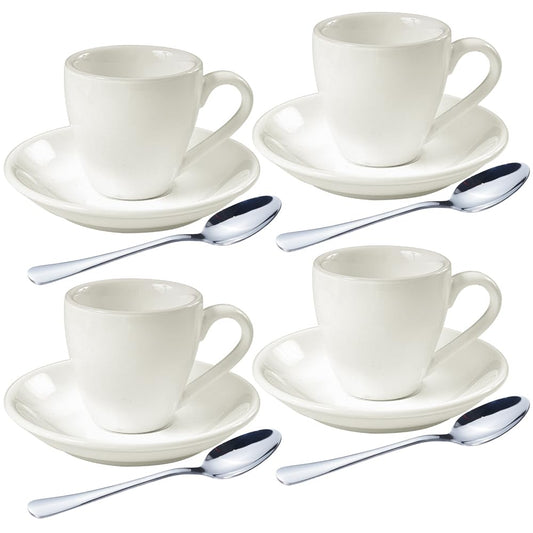 homEdge Porcelain Espresso Shot Cup Set with Saucers and Stainless Steel Spoons - 80 ml / 2.67 oz