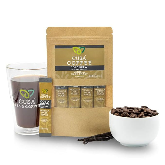 Cusa Tea & Coffee | Premium Instant Vanilla Dark Roast | Rainforest Alliance Certified Arabica Beans | Hot or Cold Brew Drink Mix Packets (7 Single Servings)