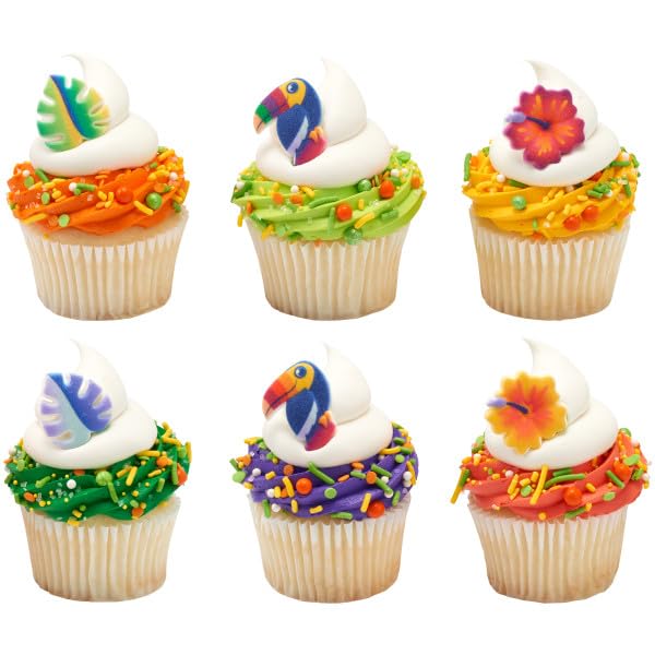 Tropical Plants and Toucan Shape Edible Sugar Decoration Toppers, 12 Count