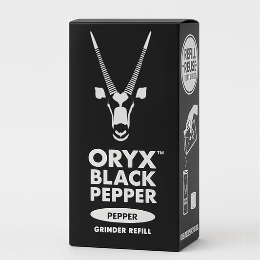 Oryx Black Pepper Refill Box - 3.52oz - Premium Whole Black Peppercorns from Madagascar, refillable +20x Oryx Pepper Grinder - Perfect Spice - Authentic Naturally Organic Spices Experience