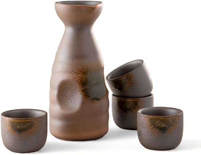 Urban Tokyo Japanese Sake 5 Piece Set Include 1 Sake Bottle and 4 Cups for Hot or Cold Sake Home or Restaurant Use Reactive Glazed Ceramic (Brown and Green)