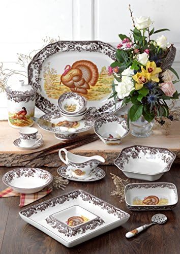 Spode Woodland Cranberry Dish with Slotted Spoon - Featuring Turkey Motif & British Flower Border, Fine Earthenware for Serving Cranberry Sauce, Chutneys, Vegetables - Oven, Microwave, Dishwasher safe