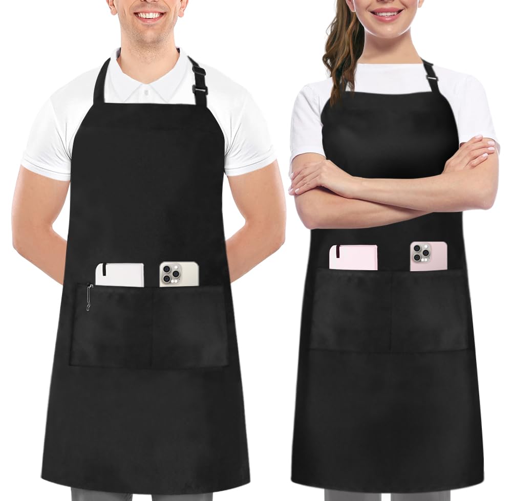 Utopia Kitchen Bib Aprons 2 Pack Adjustable With 2 Pockets Black