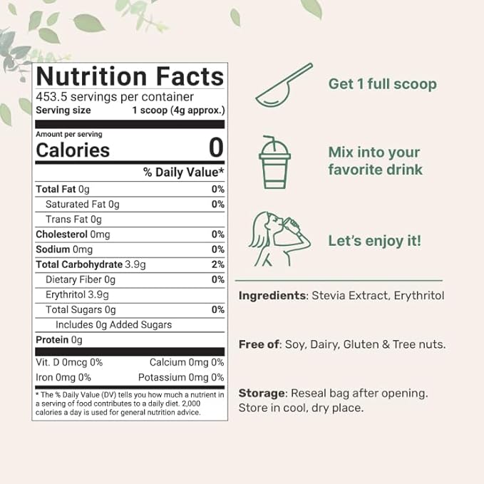 Stevia Sweetener Powder with Plant-based Erythritol, 4 Pounds (64 Ounces) | Keto, 0 Calorie, Low Carb, 4:1 Sugar Substitute, Natural Sweetener, Bitterless, Reb-A Stevia Leaf Extract, Non-GMO, Vegan