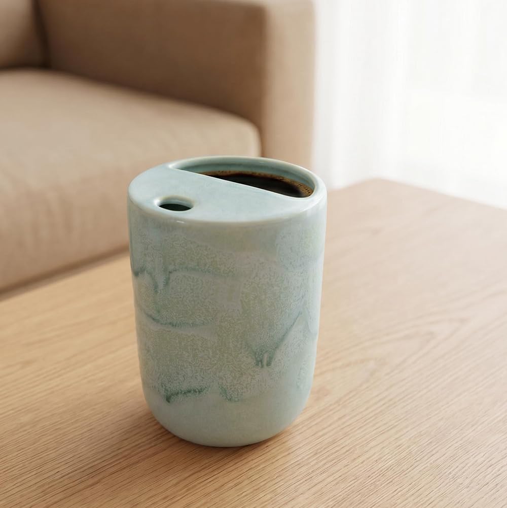 Handmade Ceramic Coffee Mug with Half Lid, 17oz Unique Tea Coffee Cup with Sip-top Lid, Sea Foam