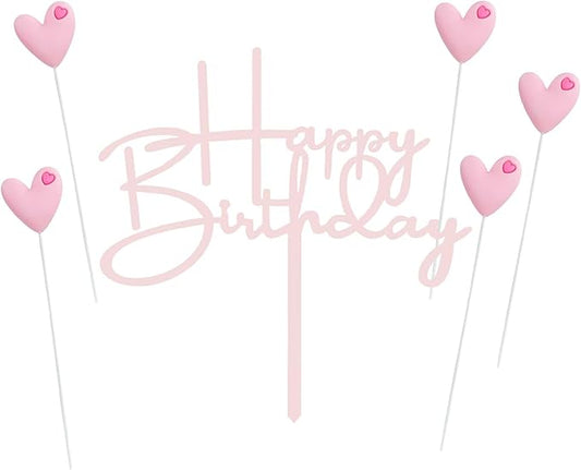 ZHENGYE Pink Happy Birthday Cake Topper Sign And 5 Love Cake Toppers Cake Topper Decoration For Birthday Decorations(Pink 2)