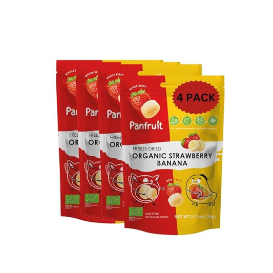 PANFRUIT Freeze-Dried Organic Strawberry Banana Snacks ??100% Natural, No Sugar Added, GMO-Free, Gluten-Free ??4 Individual Packs (0.71 oz) ??Healthy Crunchy Fruit Snack for Kids & Adults