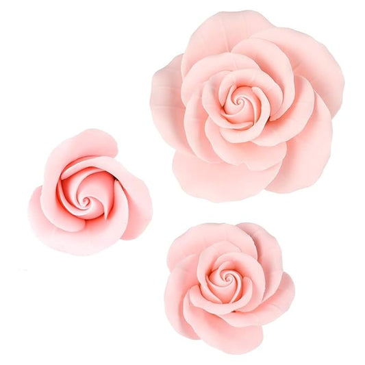 O'Creme Garden Roses Gumpaste Flower Set - Pink Edible Flowers for Cake Decorating - Sugar Paste Flowers for Cakes, Candy, Cupcake Toppers - Birthday, Wedding, Valentines, Baby Shower