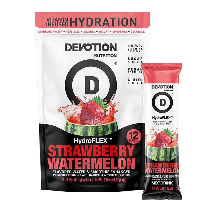 Devotion Nutrition HydroFLEX Water Flavoring Packets ??Sugar-Free Hydration with Vitamins & Electrolytes ??Dye-Free, Gluten-Free (Strawberry Watermelon) 12-Pack Drink Mix