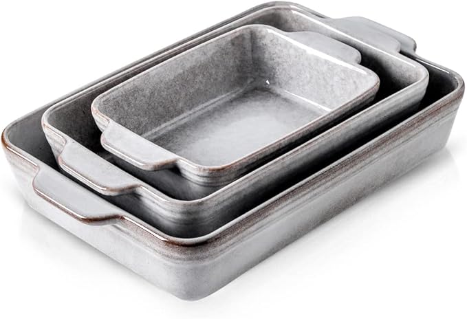 KOOV Bakeware Set, Ceramic Baking Dish Set, Rectangular Casserole Dish Set, lasagna Pan, Baking Pans Set for Cooking, Cake Dinner, Kitchen, 9 x 13 Inches, Reactive Glaze 3-Piece (Variable Grey)