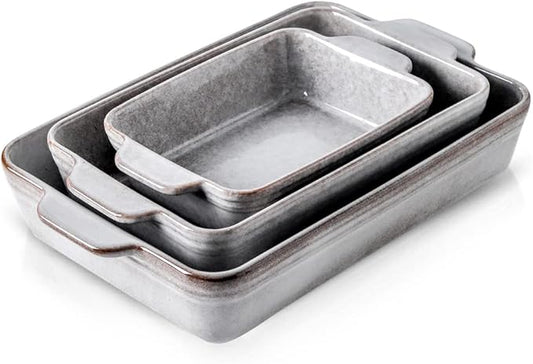 KOOV Bakeware Set, Ceramic Baking Dish Set, Rectangular Casserole Dish Set, lasagna Pan, Baking Pans Set for Cooking, Cake Dinner, Kitchen, 9 x 13 Inches, Reactive Glaze 3-Piece (Variable Grey)