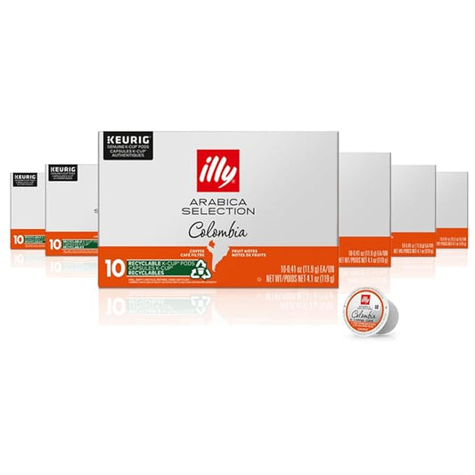 Illy Coffee K Cups - Pods For Keurig Machines – Colombia Medium Roast – Notes of Fruit - Bold, Flavorful & Full-Bodied Flavor - No Preservatives – 10 Count, 6 Pack
