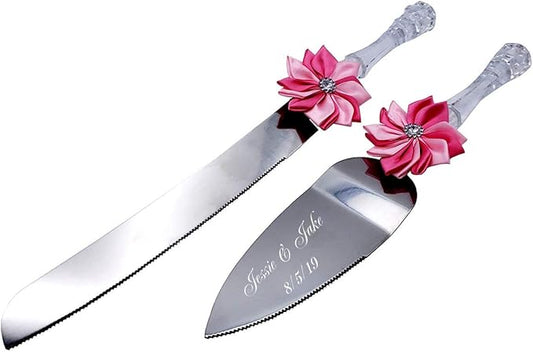 GIFTS INFINITY® Personalized Wedding Cake Knife and Server Set Free Engraving (Pink & PK) - Valentine's Day Gift