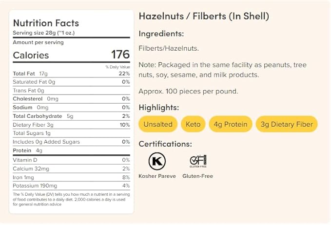 Nuts.com Oregon Hazelnuts in Shell, Filberts 3 lb Bag - Whole Raw Jumbo Hazelnuts - Gourmet, Freshly Harvested, Non-GMO, for Cooking, Baking, and Snacking