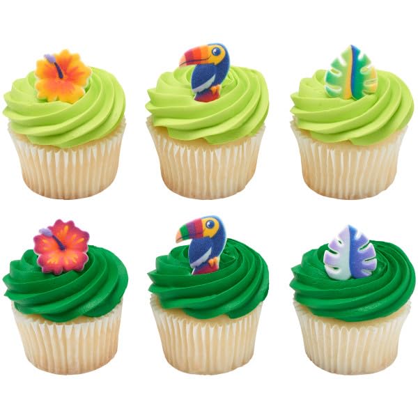 Tropical Plants and Toucan Shape Edible Sugar Decoration Toppers, 12 Count
