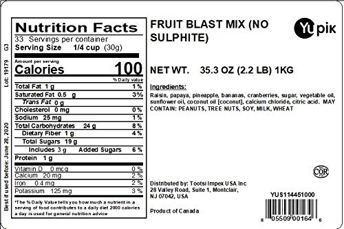 Yupik Trail Mix, Sulfite Free Fruit Blast, 2.2 lb, A mix of bananas, raisins, cranberries, papaya and pineapple