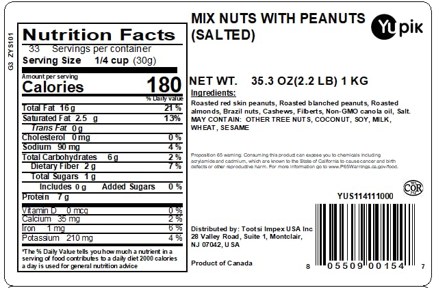 Yupik Salted Mix Nuts, 2.2 lb (35.2 oz), A Blend of Peanuts, Almonds, Hazelnuts, Brazil Nuts & Cashews, Kosher, Vegan, Cholesterol Free, Excellent Source of Vitamin E, Protein, Iron & Fiber