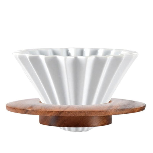 Goodening Ceramic Coffee Dripper Pour Over Coffee Maker with Wood Stand Elegant Flower Shape Filter