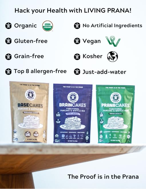 BrainCakes Superfood Organic Pancake & Waffle Mix Gluten Free | Memory, Focus & Stress Support | Just-Add-Water | By LIVING PRANA | 12oz