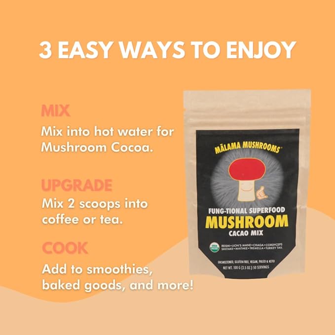 Malama 8-Mushroom Hot Cacao Mix, Organic Chocolate Blend Mushroom Powder for Focus & Inmune Support ??with Lion's Mane, Reishi, Chaga, Turkey Tail ??Vegan Supplement, 3.5 oz (50 Servings)
