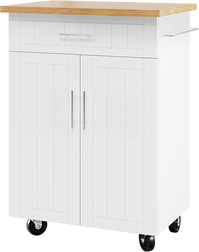 Shintenchi Kitchen Island Cart with Storage,Rolling Side Table on Wheels with Large Worktop, Cabinet,Towel Rack and Drawers for Kitchen,Dinning Room, White