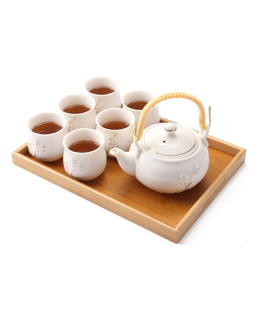 Dujust Japanese White Porcelain Tea Set - Teapot, 6 Tea Cups, Tray & Stainless Infuser - Plum in
