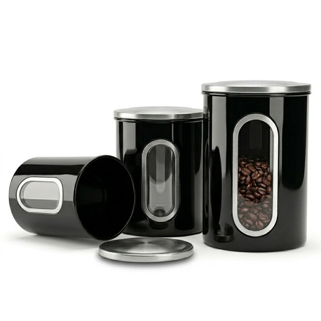 Mixpresso 3-Pcs Black Canisters Set for Kitchen Storage Airtight Jars