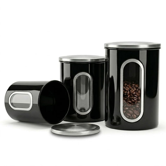 Mixpresso 3-Pcs Black Canisters Set for Kitchen Storage Airtight Jars
