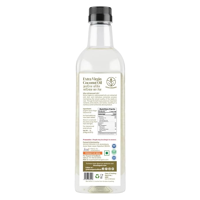 Shiva Organic Extra Virgin Coconut Oil - 100% Natural, USDA Certified Organic - 1L (33.8 fl oz)) for Cooking, Beauty, and Holistic Wellness