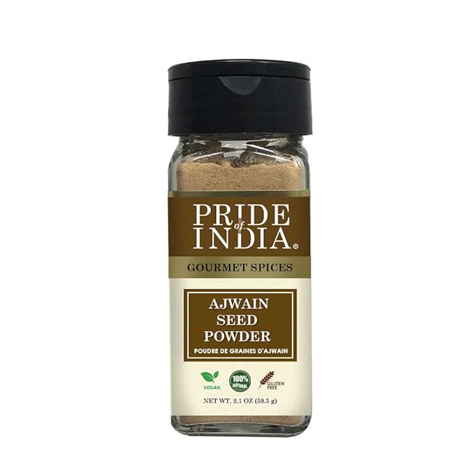Pride of India – Ajwain Seed Powder – Gourmet Indian Spice – Made from Fresh Carom Seeds – Rich in Nutrients – Aromatic & Flavorful – Easy to Use - 2.1 oz. Small Dual Sifter Bottle