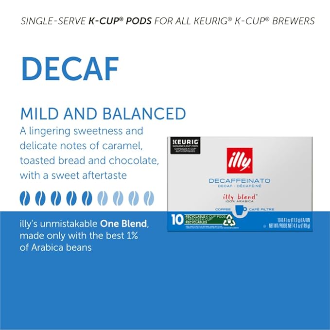 Illy Coffee K Cups - Pods For Keurig Machines – Classico Decaf Roast – Notes of Caramel - Mild, Flavorful & Balanced Flavor - No Preservatives – 10 Count, 6 Pack