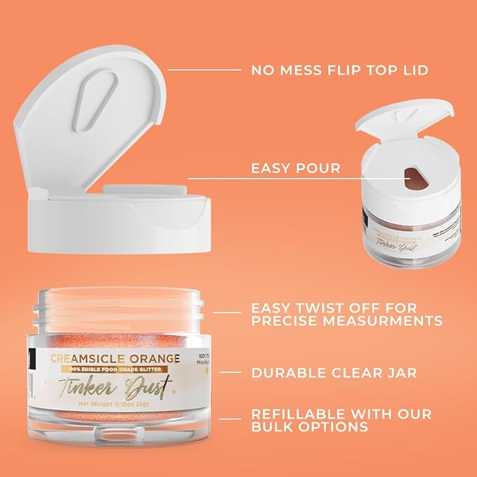 Bakell - Creamsicle Orange Tinker Dust (5g, 1x Jar) Edible Glitter for Food, Desserts, and Beverages!