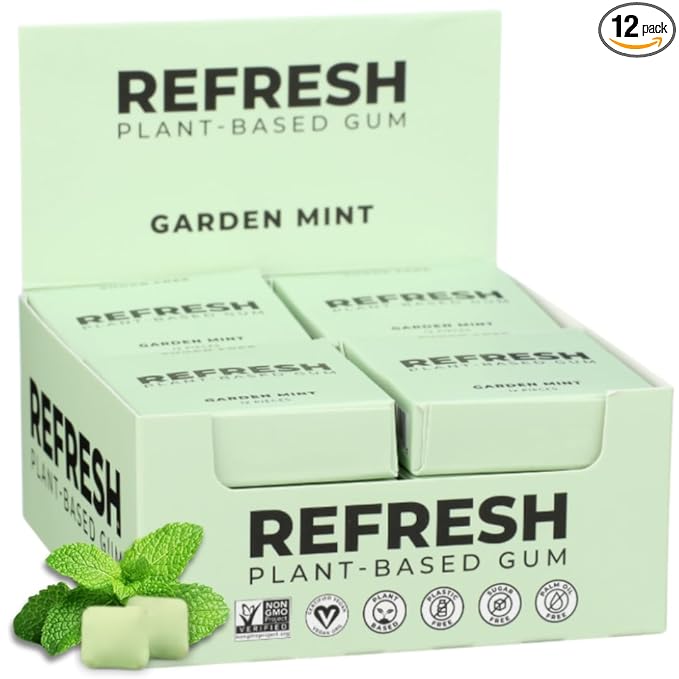 Refresh Gum, Xylitol, Natural, Sugar Free, Long Lasting, Plastic Free, Natural Flavors & Organic Ingredients, Plant-Based, Low Calorie, Non GMO, Gluten Free, Vegan, Garden Mint Flavor, 12 Pcs, 12 Pack
