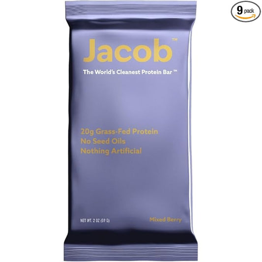 Jacob Bar, Protein Bars, Mixed Berry (9 Bars Total) - 20g Grass-Fed Protein, No Seed Oils, Nothing Artificial