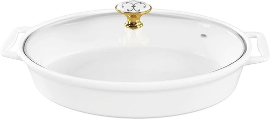 10" x 7" Ceramic Oval Casserole Dish with Glass Lid, 30 Ounce White Serving Soup Tureen,Chafing Dish for Buffet, Family Food preserve Tray, Catering Casserole for Party Style