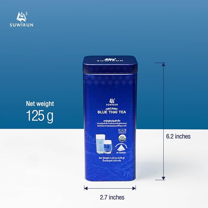 Suwirun Organic Blue Thai Tea 25 Bags ??Naturally Blue Butterfly Pea Tea ??Floral Aroma with Vanilla & Green Tea ??Great for Hot, Iced & Milk Tea