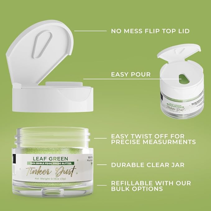 Bakell - Leaf Green Tinker Dust (5g, 1x Jar) Edible Glitter for Food, Desserts, and Beverages!